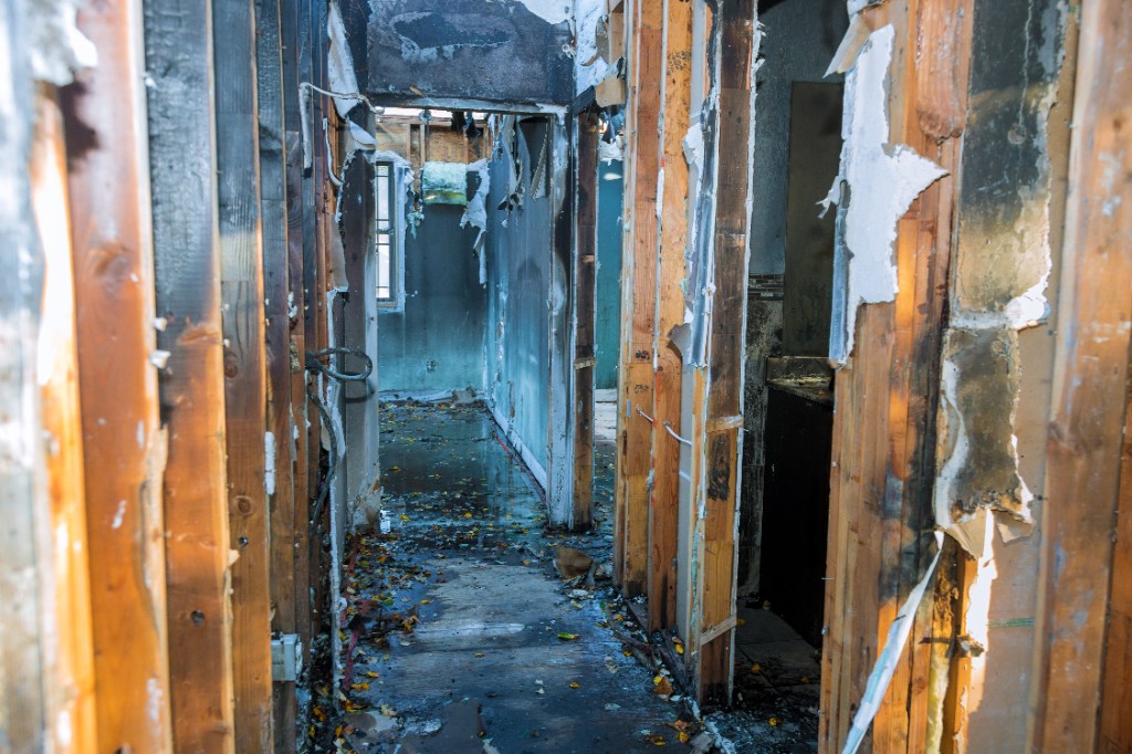Fire and water damaged interior before restoration